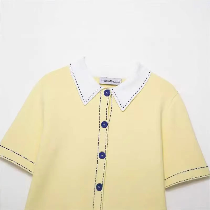 Contrast Collar Button-Up Knit Top